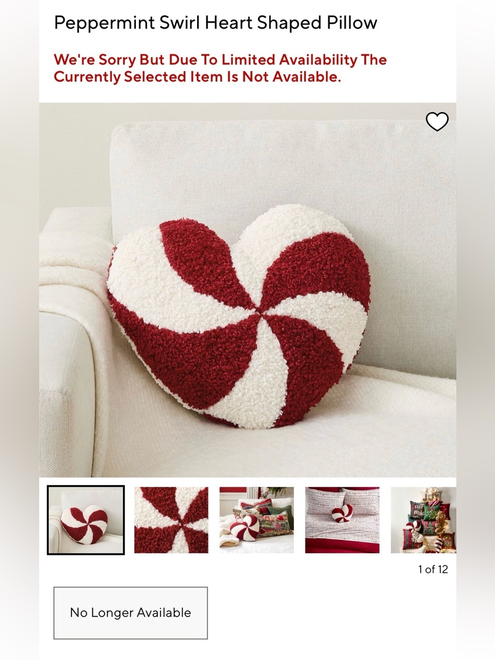 New Pottery Barn Cozy Teddy Peppermint Swirl Heart Shaped Pillow, Red, 16 x 15”
